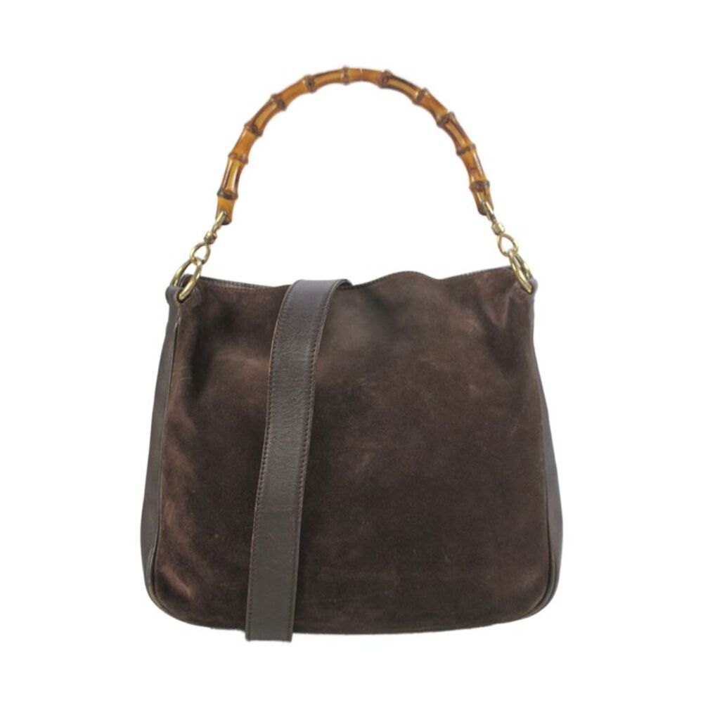 Gucci Womens Bamboo Handle Suede Small Hobo Handbag Brown